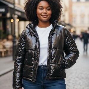 Fashion Nova Black Faux Leather Puffer Jacket